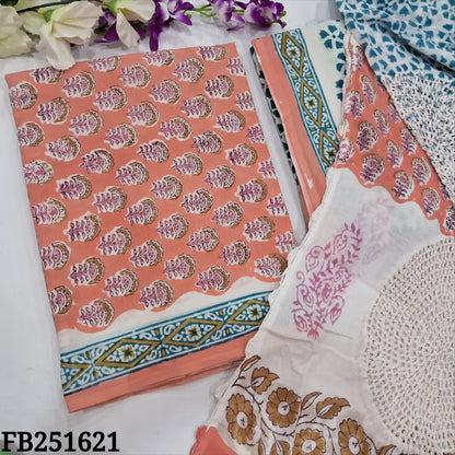 CODE FB251621: Peachish pink hand block printed pure cotton unstitched salwar material(lining needed)block printed