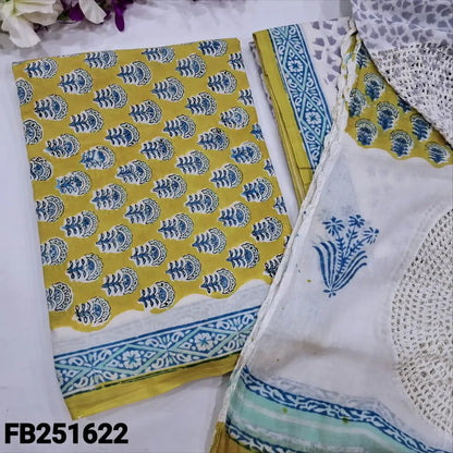 CODE FB251622: Mehandhi yellow hand block printed pure cotton unstitched salwar material(lining needed)block printed