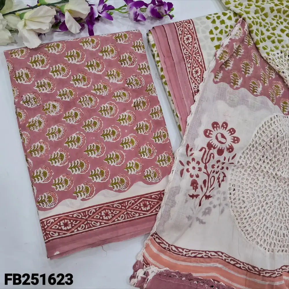 CODE FB251623: Onion pink hand block printed pure cotton unstitched salwar material(lining needed)block printed cotton