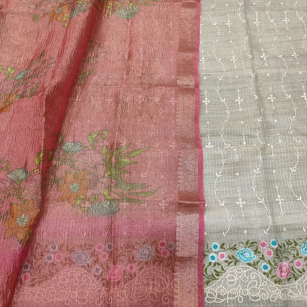 CODE FB251701: Rich beige with golden tint tissue kota silk cotton unstitched salwar material embroidered on daman(thin