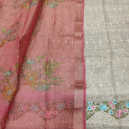 CODE FB251701: Rich beige with golden tint tissue kota silk cotton unstitched salwar material embroidered on daman(thin