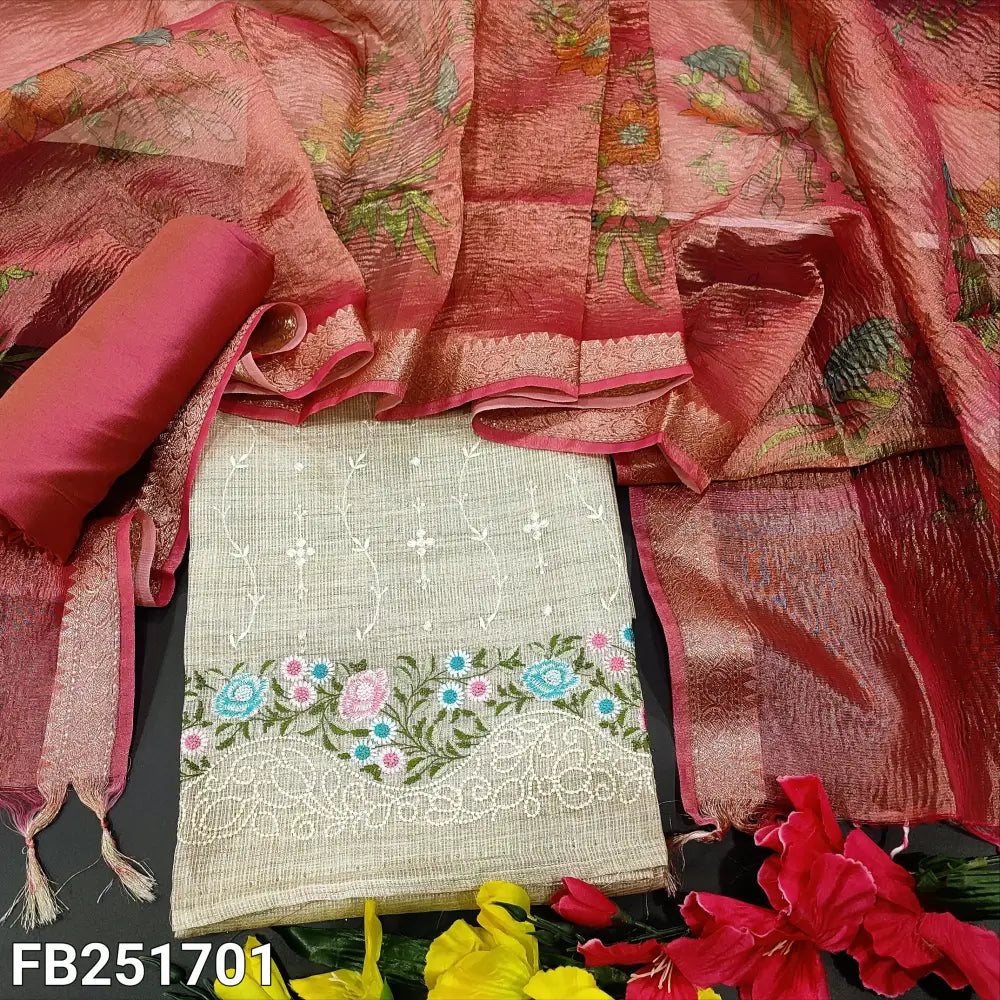 CODE FB251701: Rich beige with golden tint tissue kota silk cotton unstitched salwar material embroidered on daman(thin