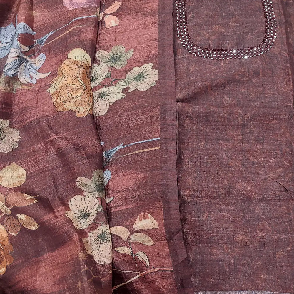 CODE FB251706: Dark pink premium jute silk unstitched salwar material bead& faux mirror work on yoke(thin fabric lining