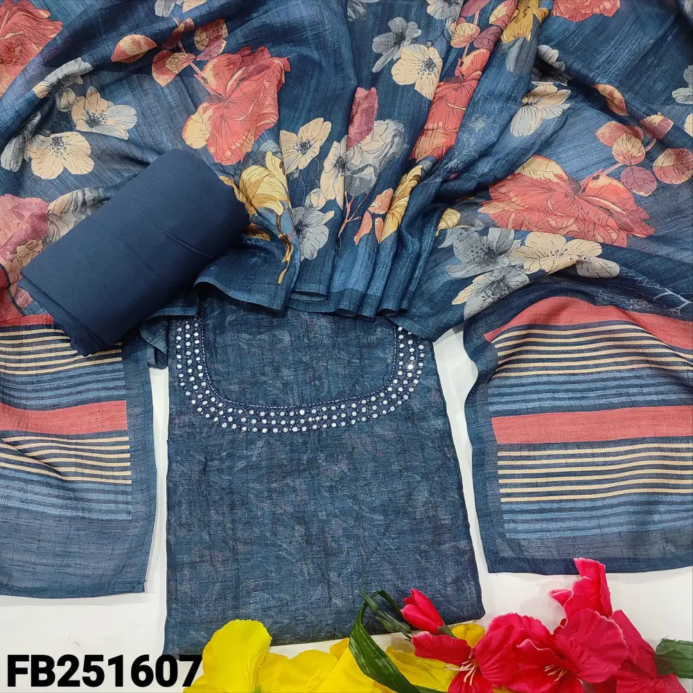 Dark blue premium jute silk unstitched salwar material bead& faux mirror work on yoke(thin fabric lining