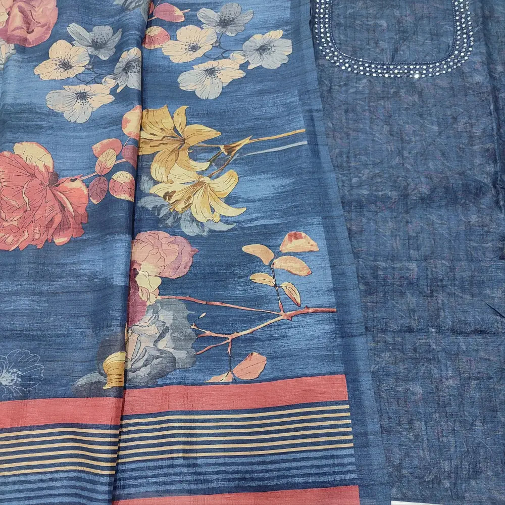 Dark blue premium jute silk unstitched salwar material bead& faux mirror work on yoke(thin fabric lining