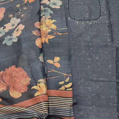 CODE FB251708: Black premium jute silk unstitched salwar material bead& faux mirror work on yoke(thin fabric lining