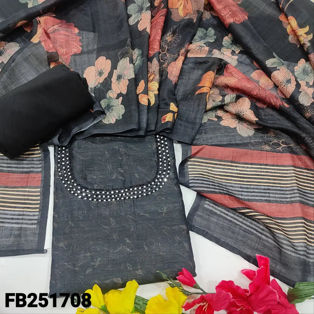 CODE FB251708: Black premium jute silk unstitched salwar material bead& faux mirror work on yoke(thin fabric lining