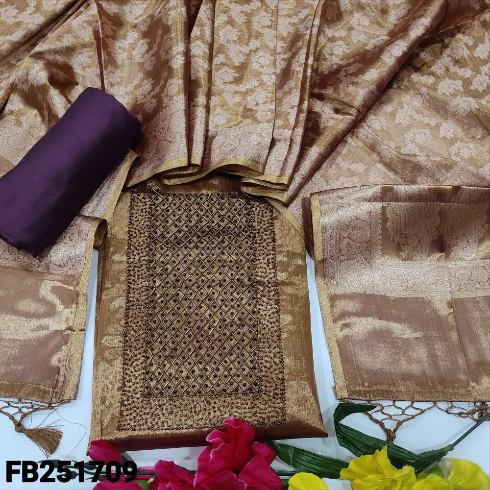 CODE FB251709: Golden tissue silk cotton unstitched salwar material rich bead work on yoke(thin fabric lining