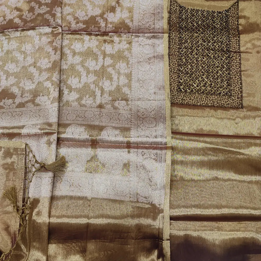 CODE FB251709: Golden tissue silk cotton unstitched salwar material rich bead work on yoke(thin fabric lining