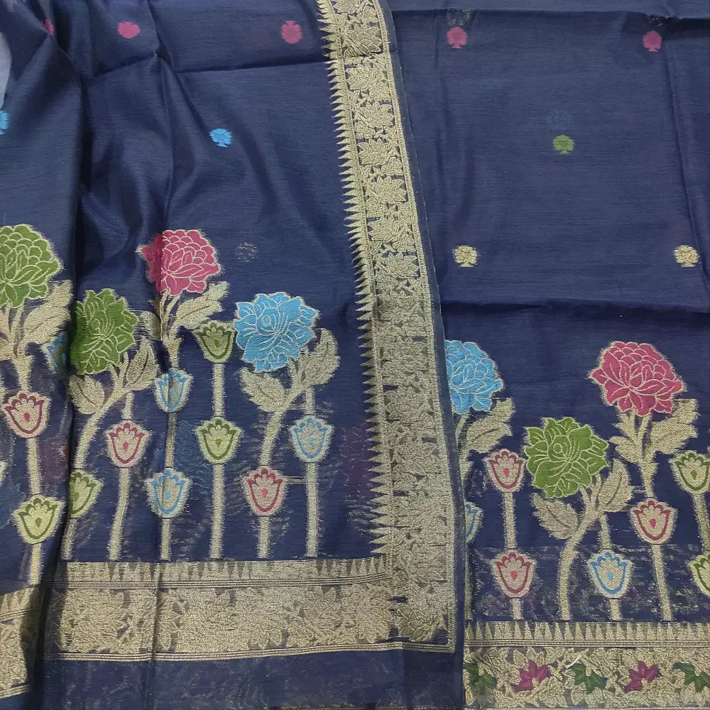 CODE FB251710: Dark blue jamdani woven premium silk cotton unstitched salwar material(thin fabric lining