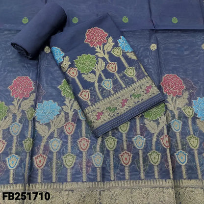 CODE FB251710: Dark blue jamdani woven premium silk cotton unstitched salwar material(thin fabric lining