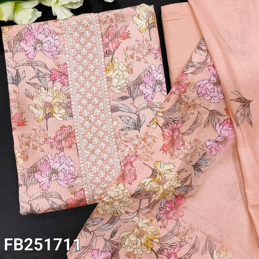 CODE FB251711: Pastel pink printed pure kantha cotton unstitched salwar material embroidered on yoke(lining