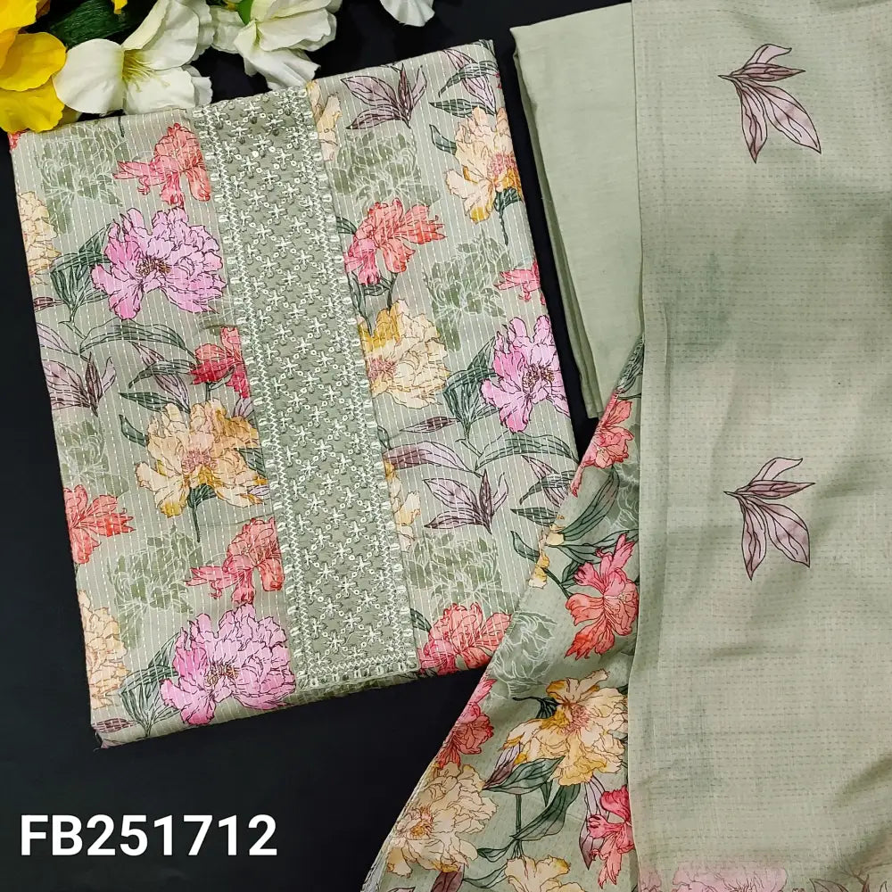CODE FB251712: Pastel green printed pure kantha cotton unstitched salwar material embroidered on yoke(lining