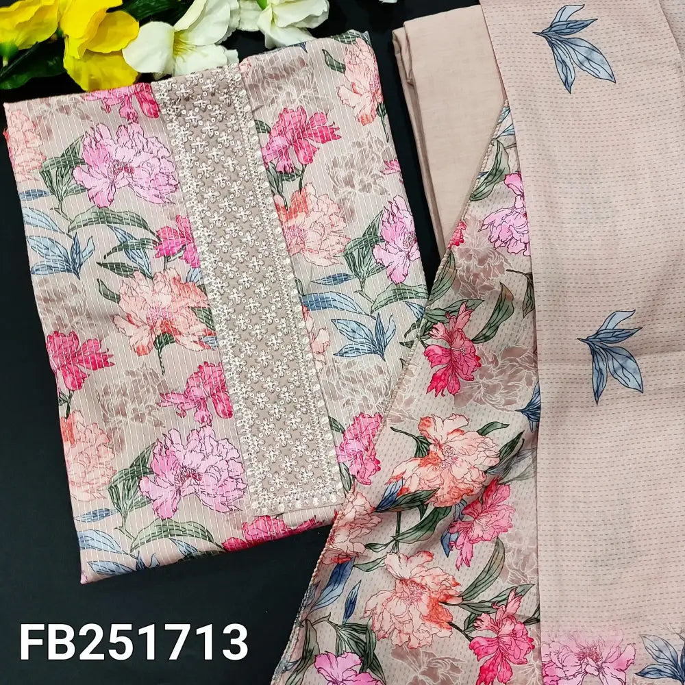 CODE FB251713: Light mauve printed pure kantha cotton unstitched salwar material embroidered on yoke(lining