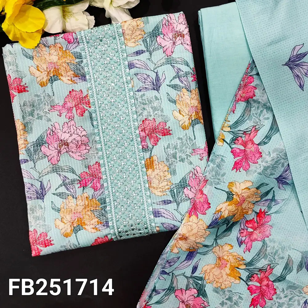CODE FB251714: Pastel blue printed pure kantha cotton unstitched salwar material embroidered on yoke(lining