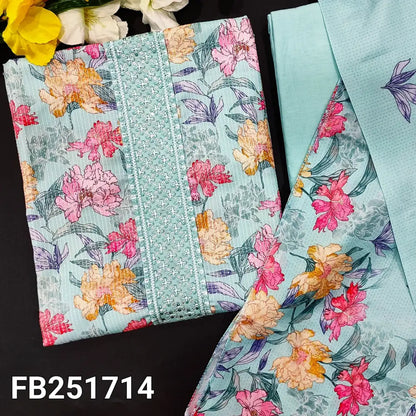 CODE FB251714: Pastel blue printed pure kantha cotton unstitched salwar material embroidered on yoke(lining