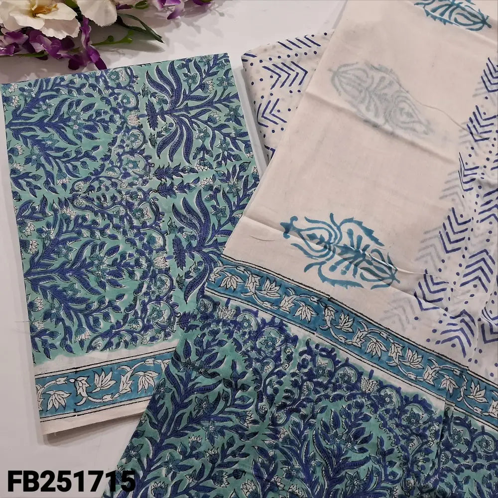 CODE FB251715: Light blue hand block printed soft cotton unstitched salwar material(lining needed)block printed soft