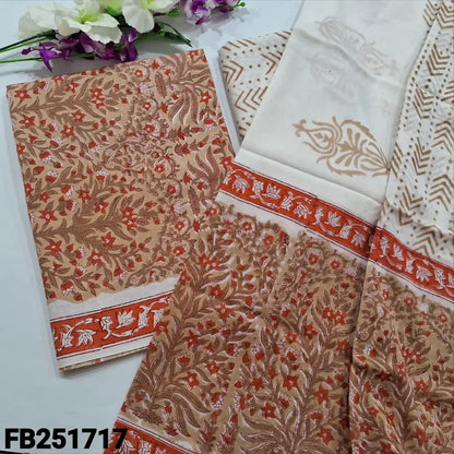 CODE FB251717: Beige hand block printed soft cotton unstitched salwar material(lining needed)block printed soft cotton