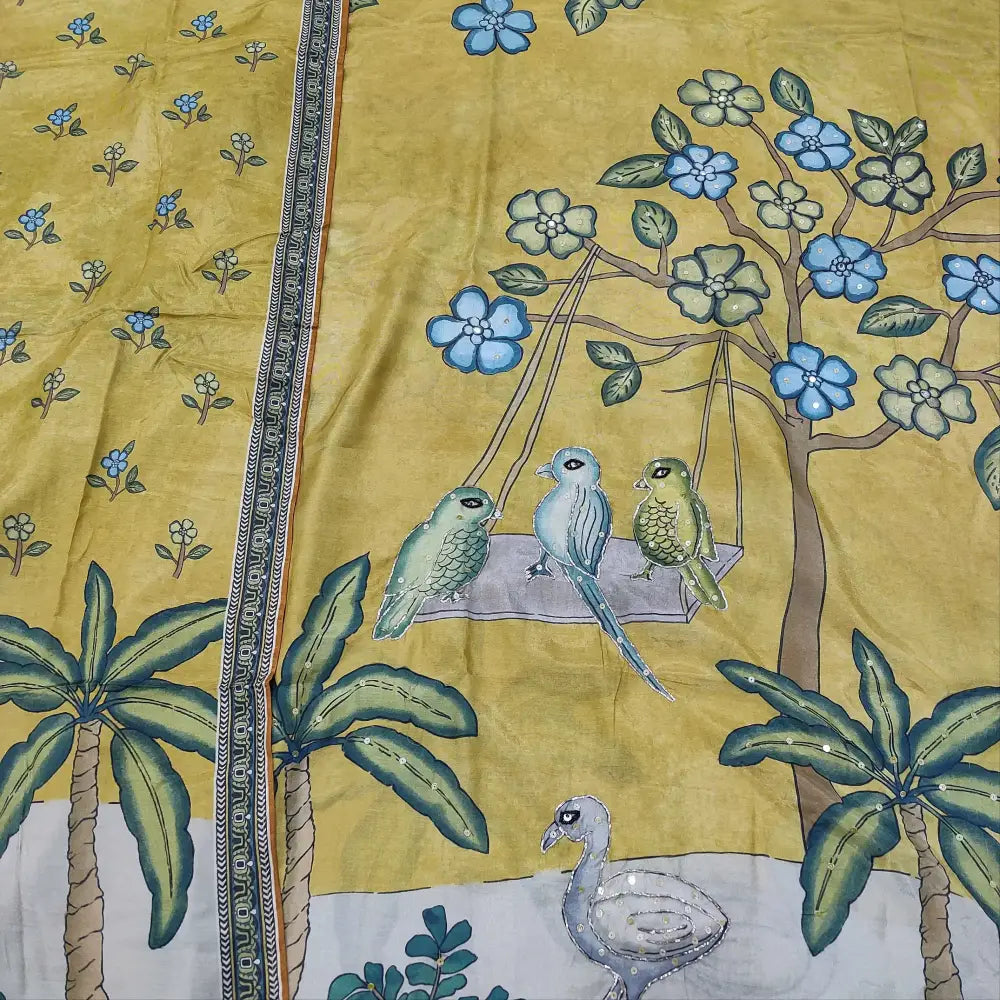 CODE FB251801: Light mehandhi yellow digital printed pure maslin silk unstitched salwar material v neck with bead&