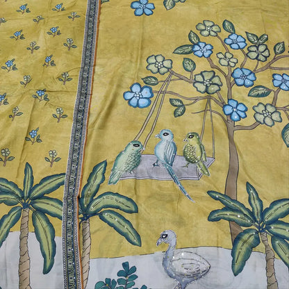 CODE FB251801: Light mehandhi yellow digital printed pure maslin silk unstitched salwar material v neck with bead&