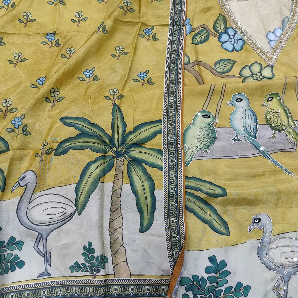 CODE FB251801: Light mehandhi yellow digital printed pure maslin silk unstitched salwar material v neck with bead&