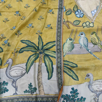 CODE FB251801: Light mehandhi yellow digital printed pure maslin silk unstitched salwar material v neck with bead&