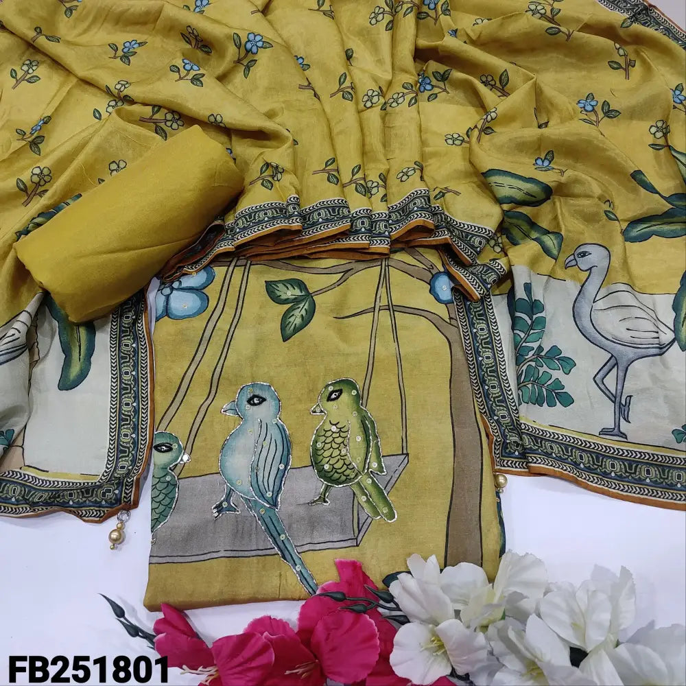 CODE FB251801: Light mehandhi yellow digital printed pure maslin silk unstitched salwar material v neck with bead&