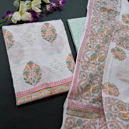 CODE FB251802: White block printed premium cotton unstitched salwar material applique work on front(thin fabric lining