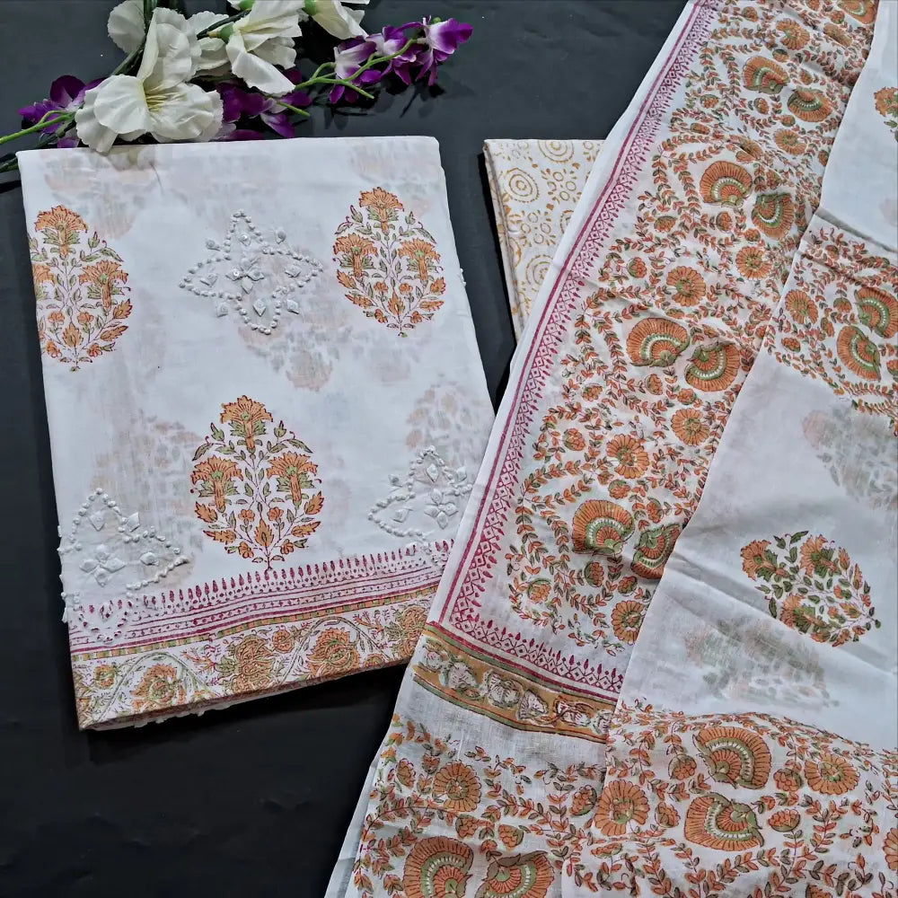 CODE FB251803: White block printed premium cotton unstitched salwar material applique work on front(thin fabric lining