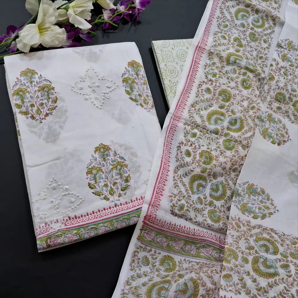 CODE FB251804: White block printed premium cotton unstitched salwar material applique work on front(thin fabric lining