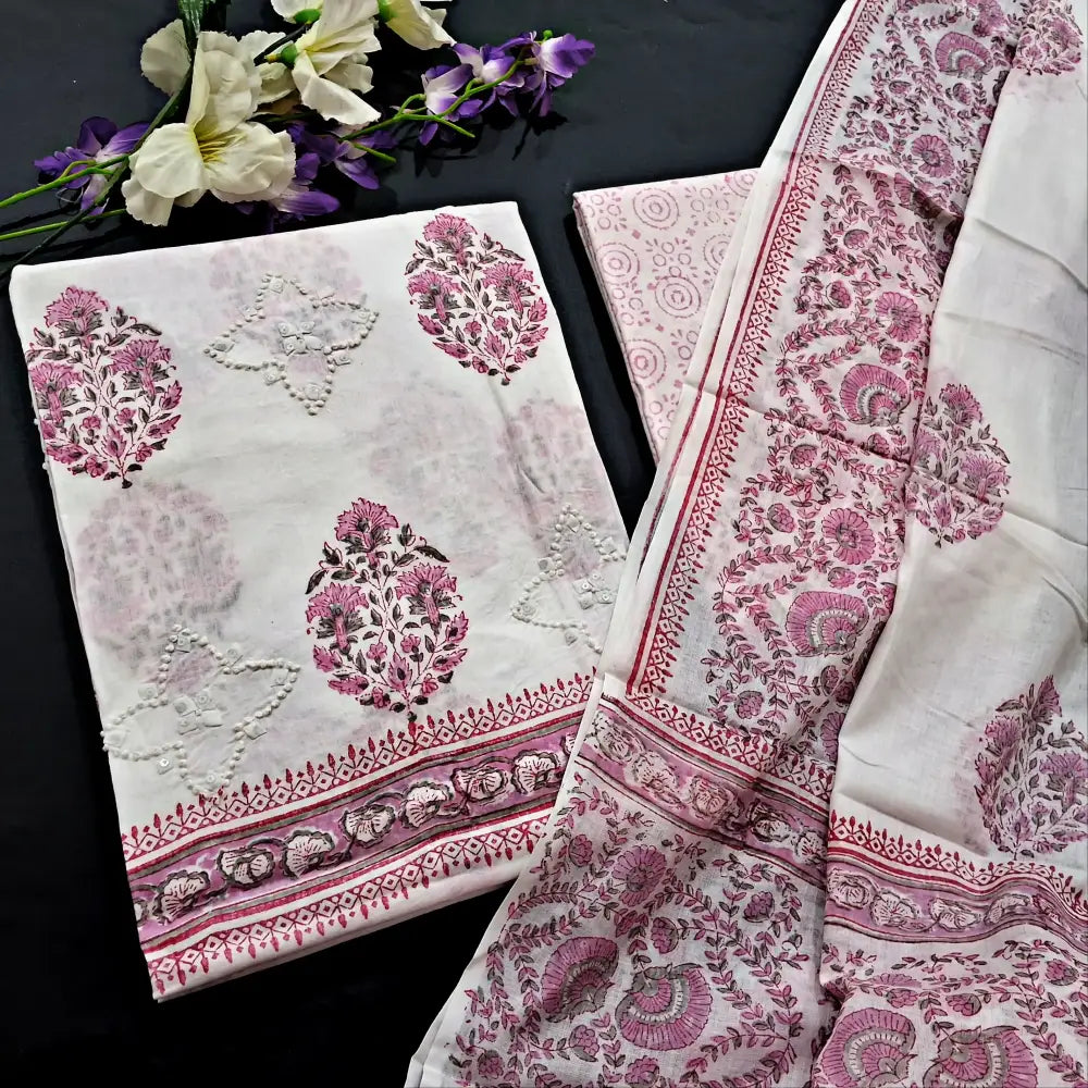 CODE FB251805: White block printed premium cotton unstitched salwar material applique work on front(thin fabric lining