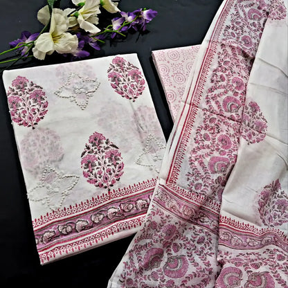 CODE FB251805: White block printed premium cotton unstitched salwar material applique work on front(thin fabric lining