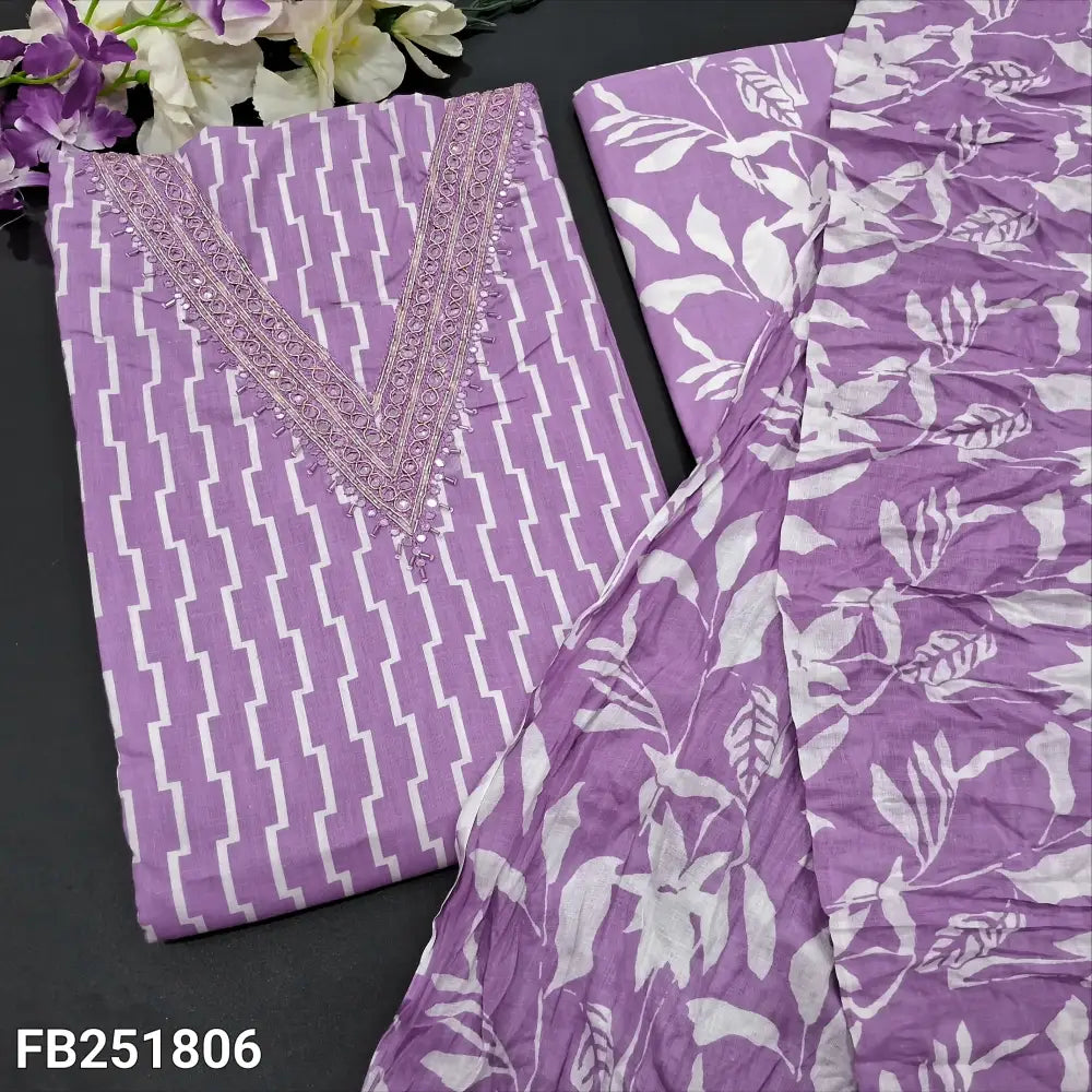 CODE FB251806: Purple printed soft cotton unstitched salwar material v neck with zardozi& faux mirror work(lining