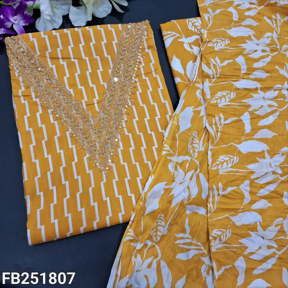 CODE FB251807: Bright mehandhi yellow printed soft cotton unstitched salwar material v neck with zardozi& faux mirror