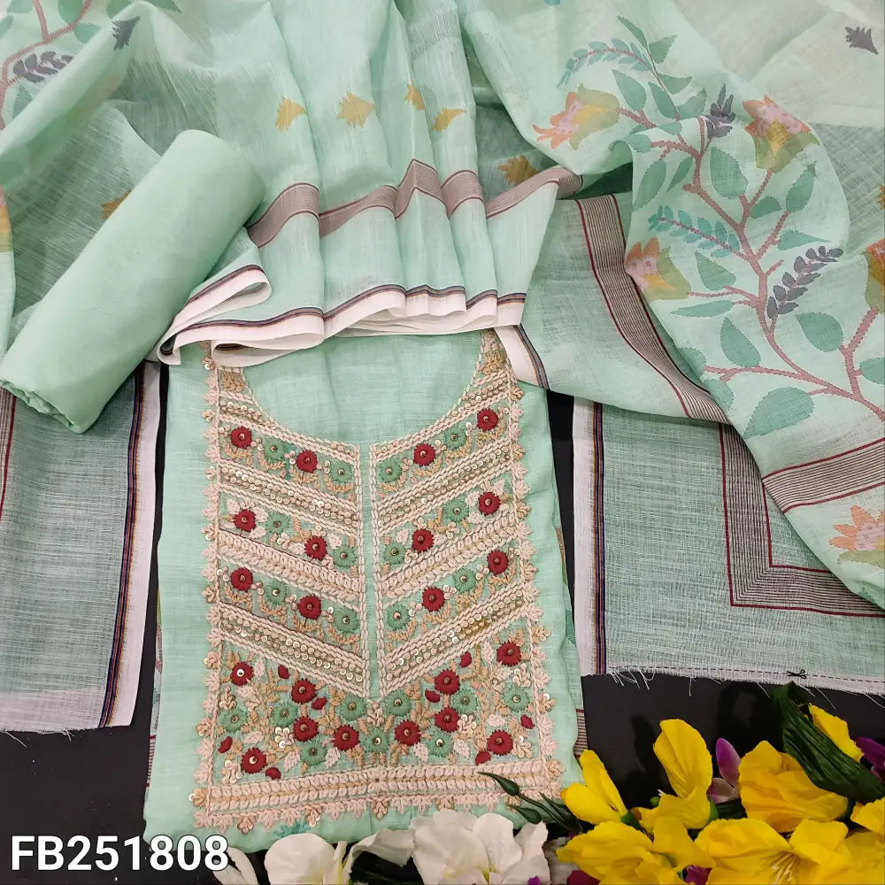 CODE FB251808: Sea green digital printed semi linen unstitched salwar material rich embroidered on yoke(thin fabric