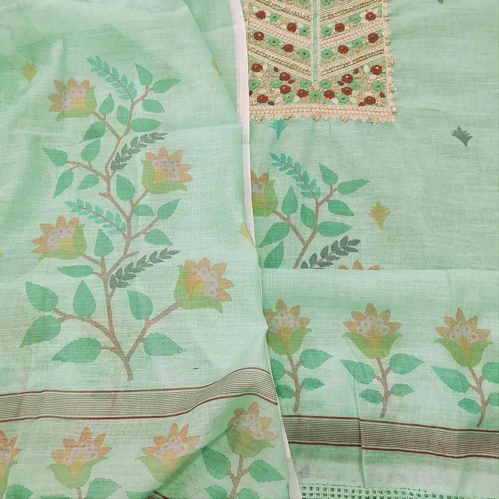 CODE FB251808: Sea green digital printed semi linen unstitched salwar material rich embroidered on yoke(thin fabric