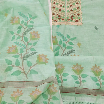 CODE FB251808: Sea green digital printed semi linen unstitched salwar material rich embroidered on yoke(thin fabric