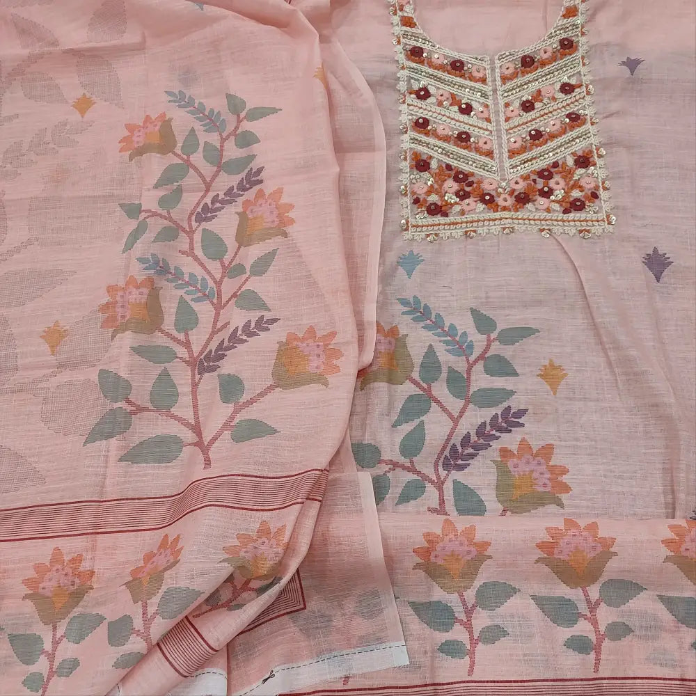 CODE FB251809: Pastel pink digital printed semi linen unstitched salwar material rich embroidered on yoke(thin fabric