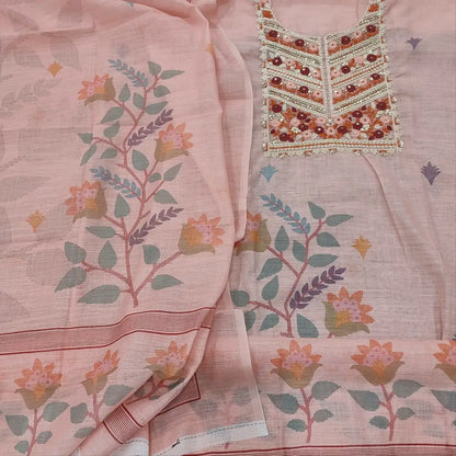 CODE FB251809: Pastel pink digital printed semi linen unstitched salwar material rich embroidered on yoke(thin fabric
