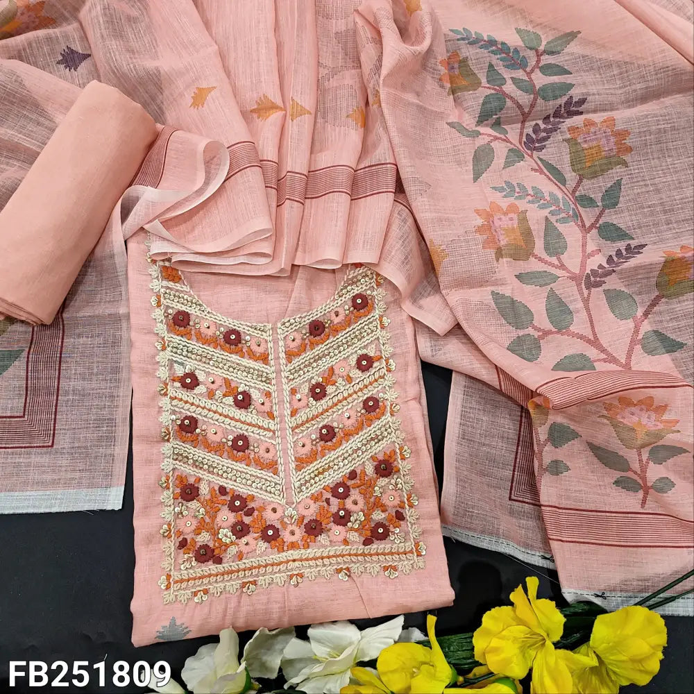 CODE FB251809: Pastel pink digital printed semi linen unstitched salwar material rich embroidered on yoke(thin fabric
