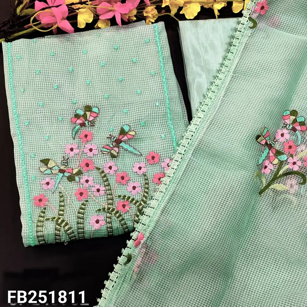 CODE FB251811: Pastel blue kota silk cotton unstitched salwar material rich dragon fly embroidered on yoke(netted