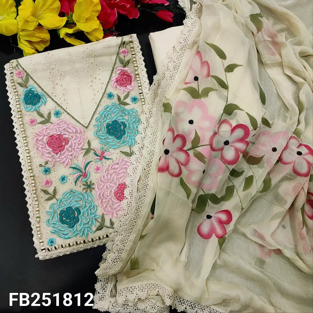 CODE FB251812: Half white base schiffli embroidered pure cotton unstitched salwar material v neck