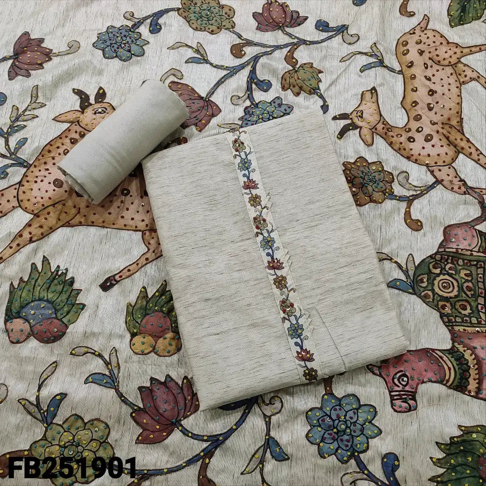 Rich beige designer premium silk cotton unstitched salwar material printed yoke with thread work(thin