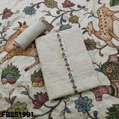 Rich beige designer premium silk cotton unstitched salwar material printed yoke with thread work(thin