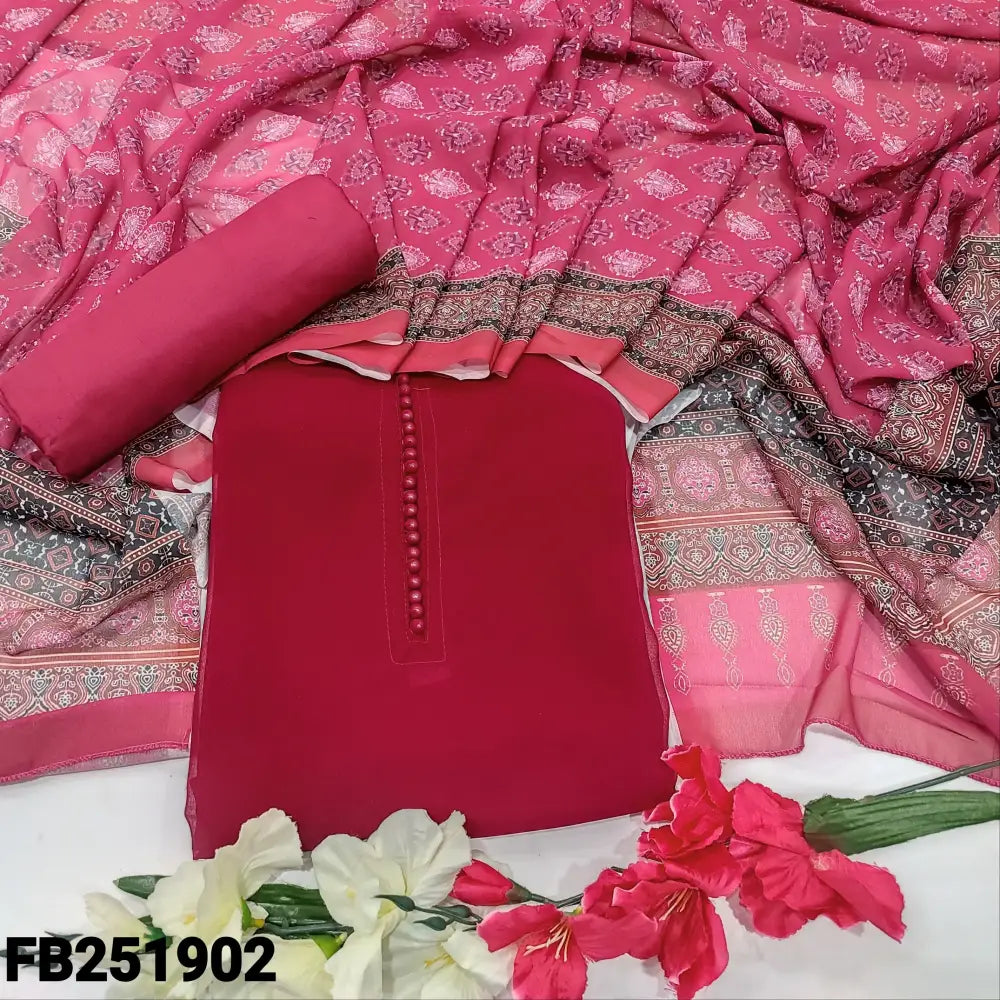 CODE FB251902: Dark pink semi georgette unstitched salwar material potli buttons on yoke(thin fabric lining