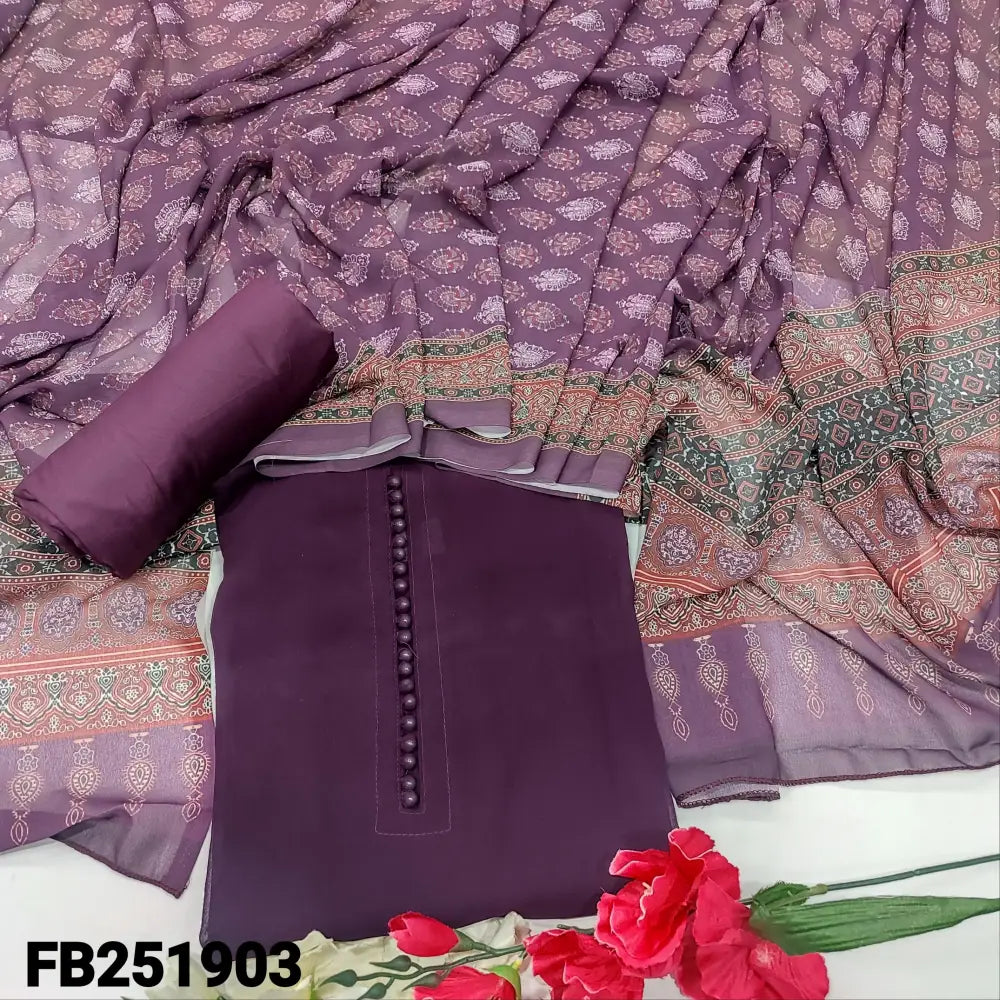 CODE FB251903: Deep wine purple semi georgette unstitched salwar material potli buttons on yoke(thin fabric lining