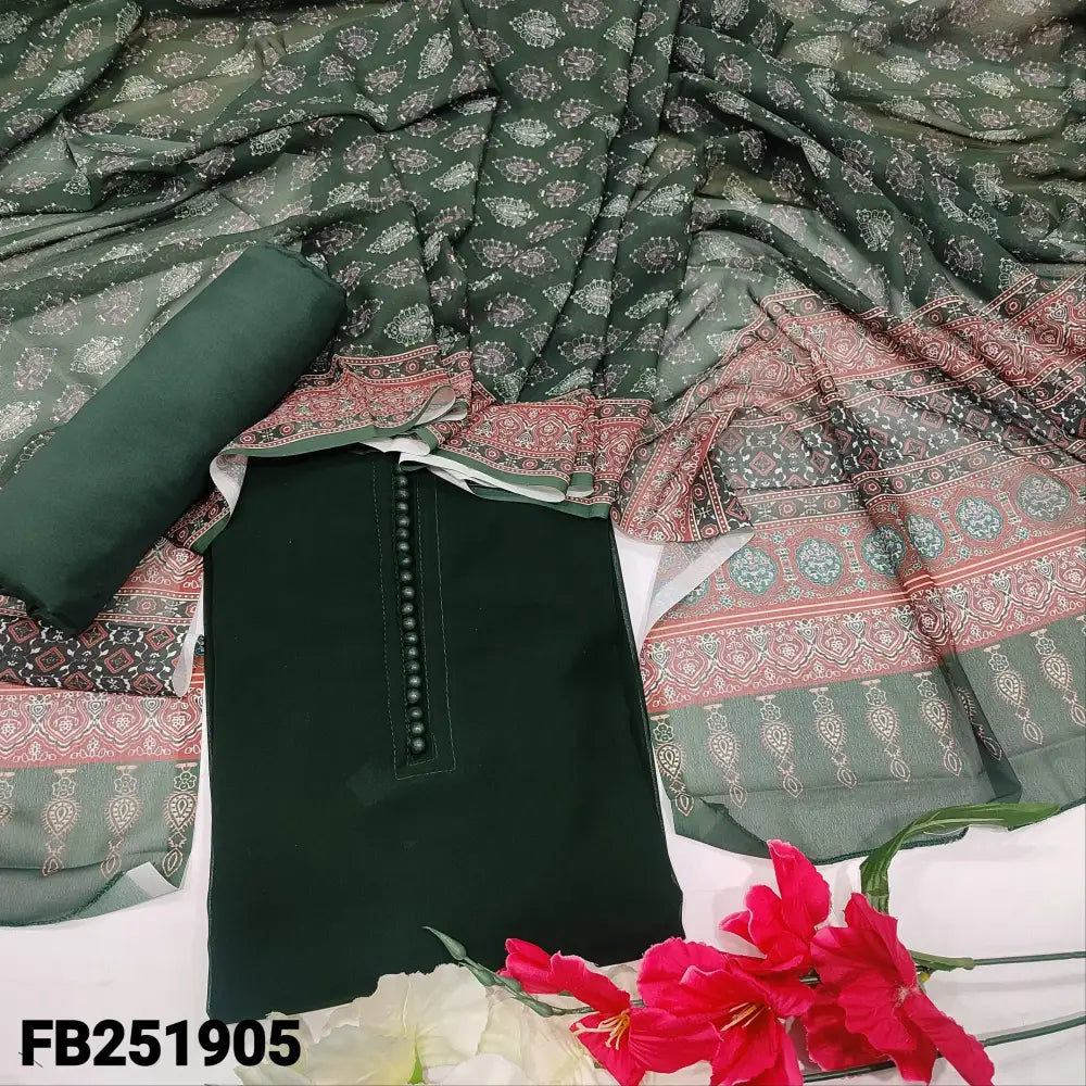 CODE FB251905: Dark green semi georgette unstitched salwar material potli buttons on yoke(thin fabric lining