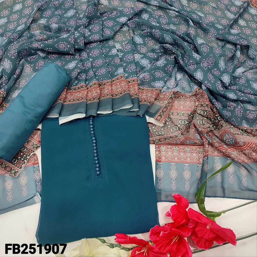 CODE FB251907: Dark teal blue semi georgette unstitched salwar material potli buttons on yoke(thin fabric lining