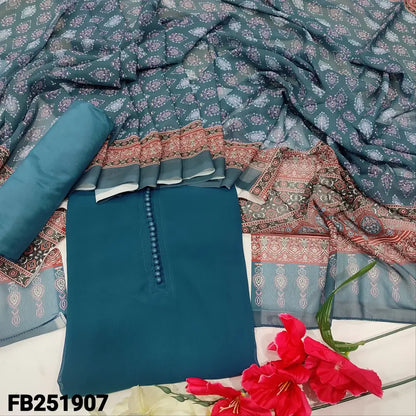 CODE FB251907: Dark teal blue semi georgette unstitched salwar material potli buttons on yoke(thin fabric lining