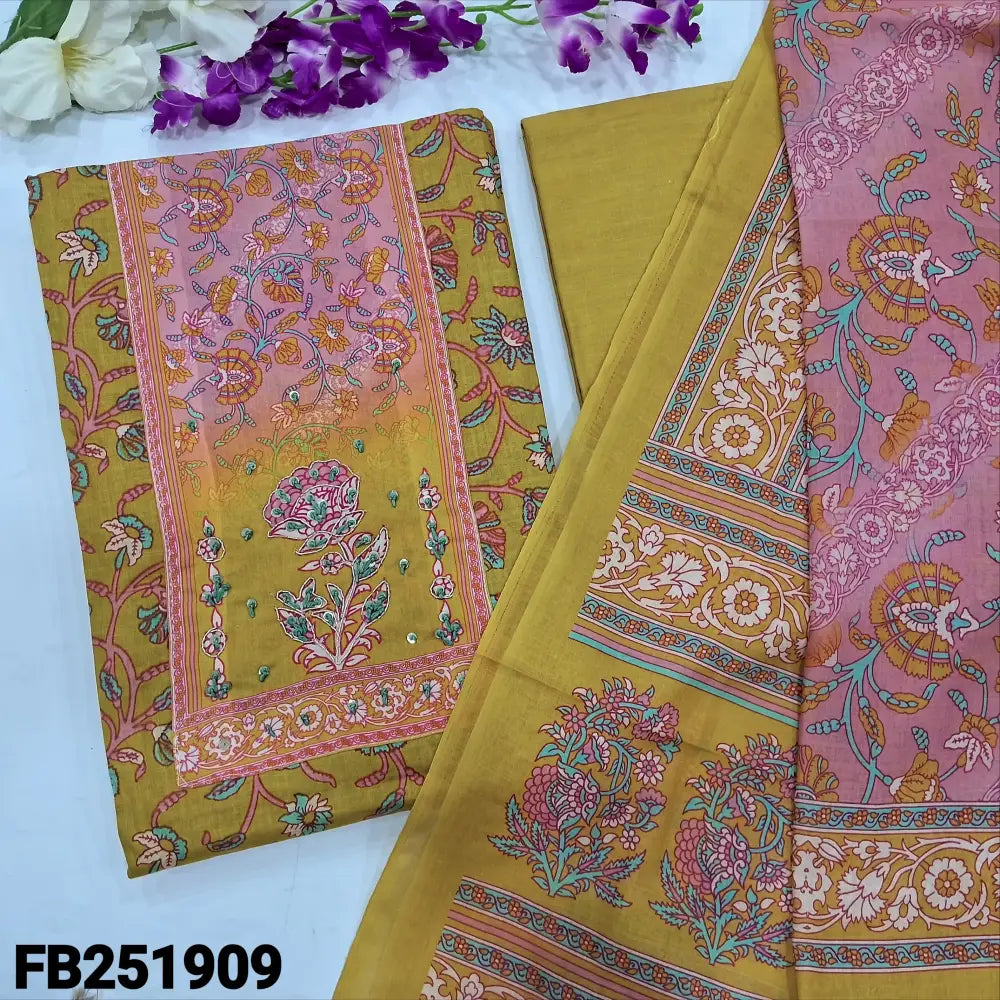 CODE FB251909: Bright mehandhi yellow printed soft cotton unstitched salwar material zardozi& thread work
